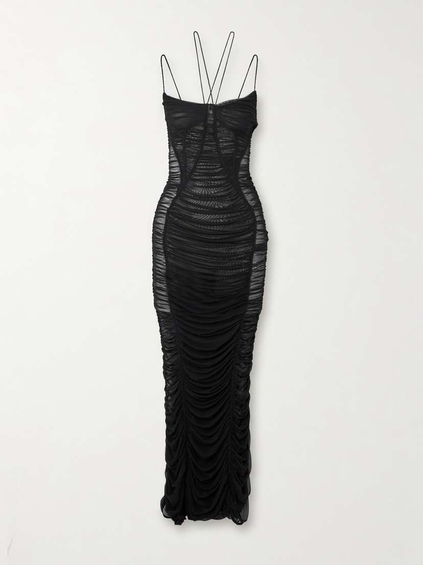 Mugler Ruched Stretch-mesh Maxi Dress