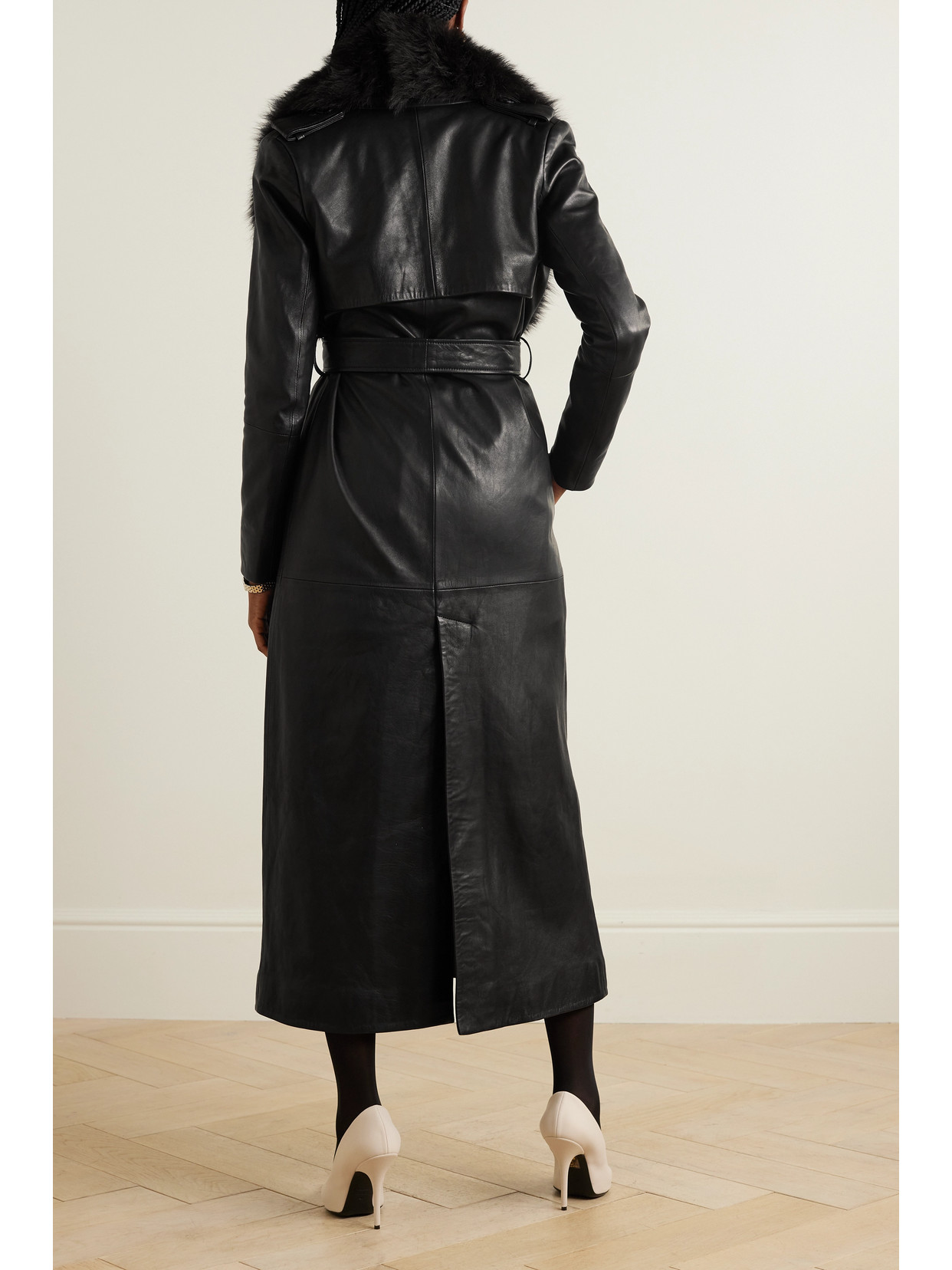 Nour Hammour Dakota Belted Shearling-trimmed Leather Coat In Black