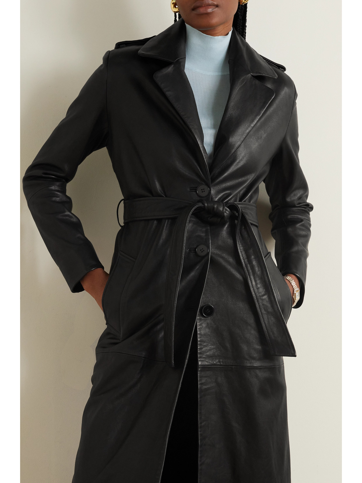 Nour Hammour Dakota Belted Shearling-trimmed Leather Coat In Black