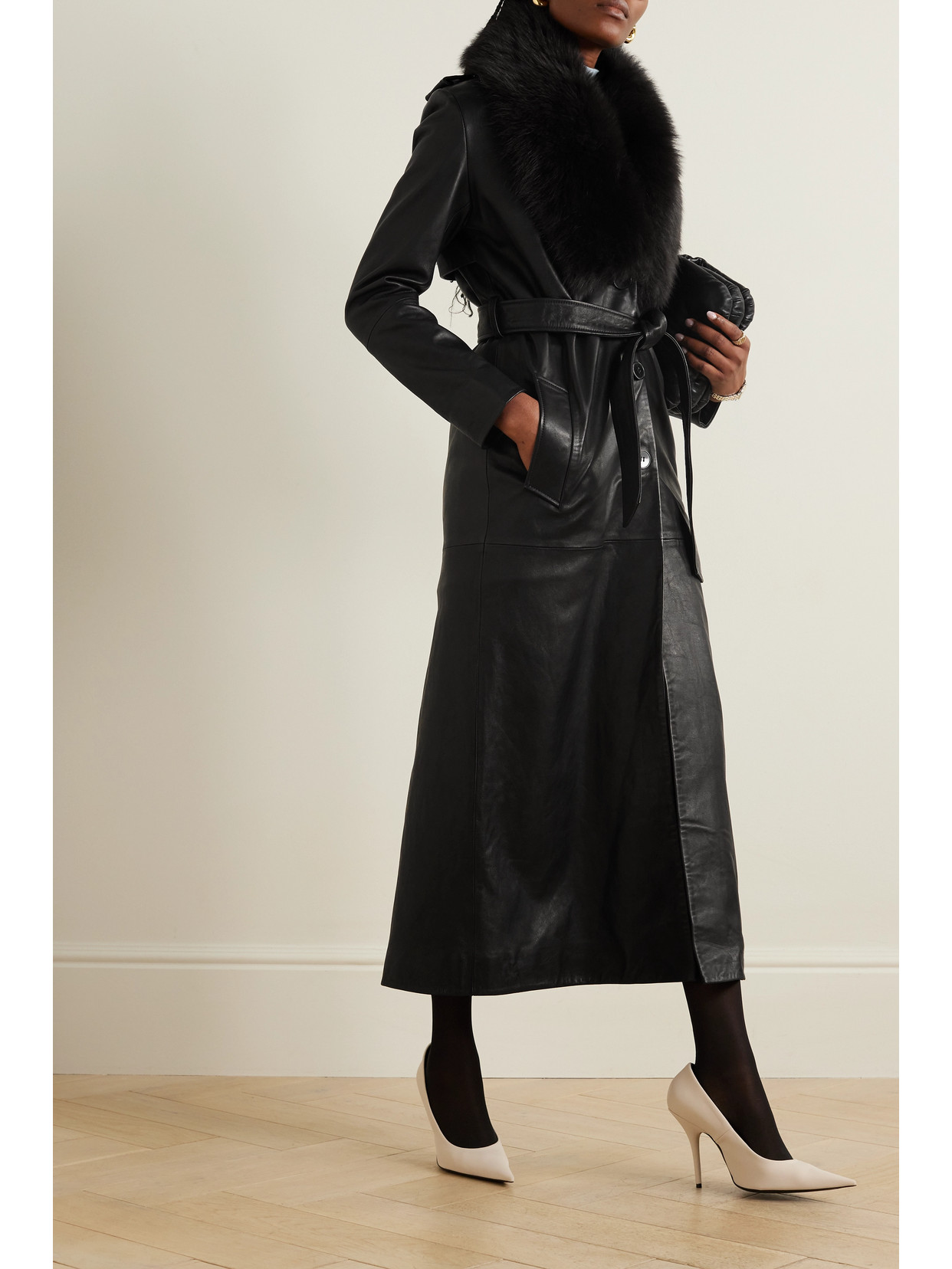 Nour Hammour Dakota Belted Shearling-trimmed Leather Coat In Black