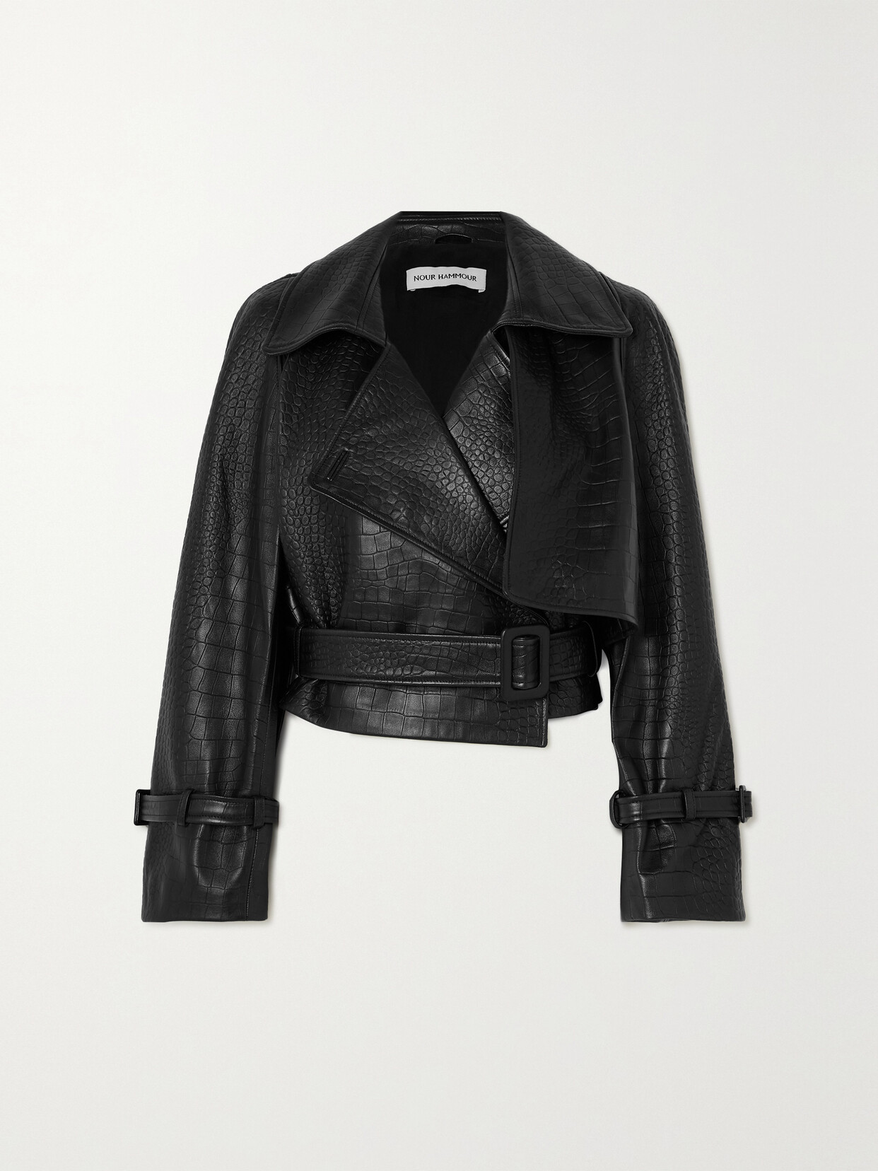 Shop Nour Hammour + Net Sustain Hatti Cropped Belted Croc-effect Leather Jacket In Black