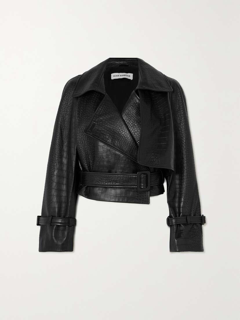 Nour Hammour + Net Sustain Hatti Cropped Belted Croc-effect Leather Jacket