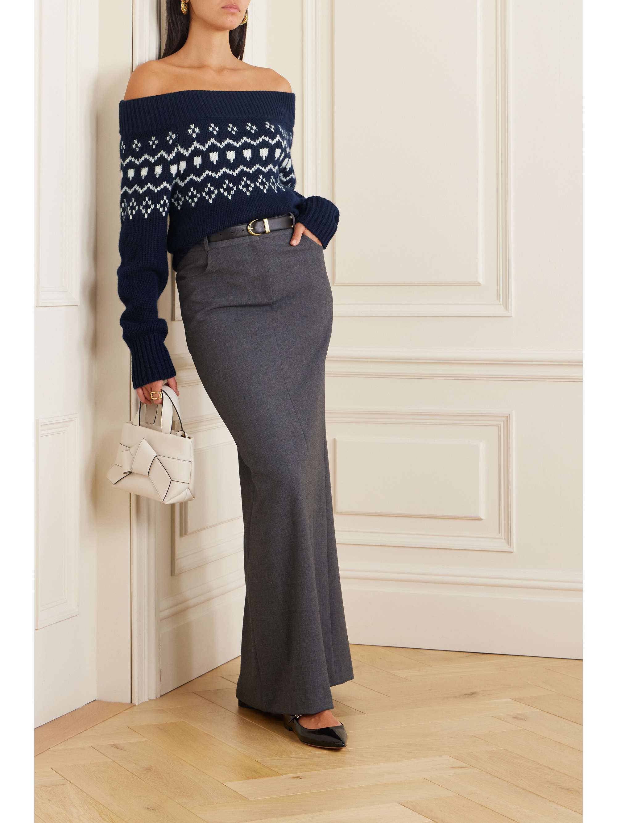 Philia off the shoulder Fair Isle intarsia cashmere sweater navy 0