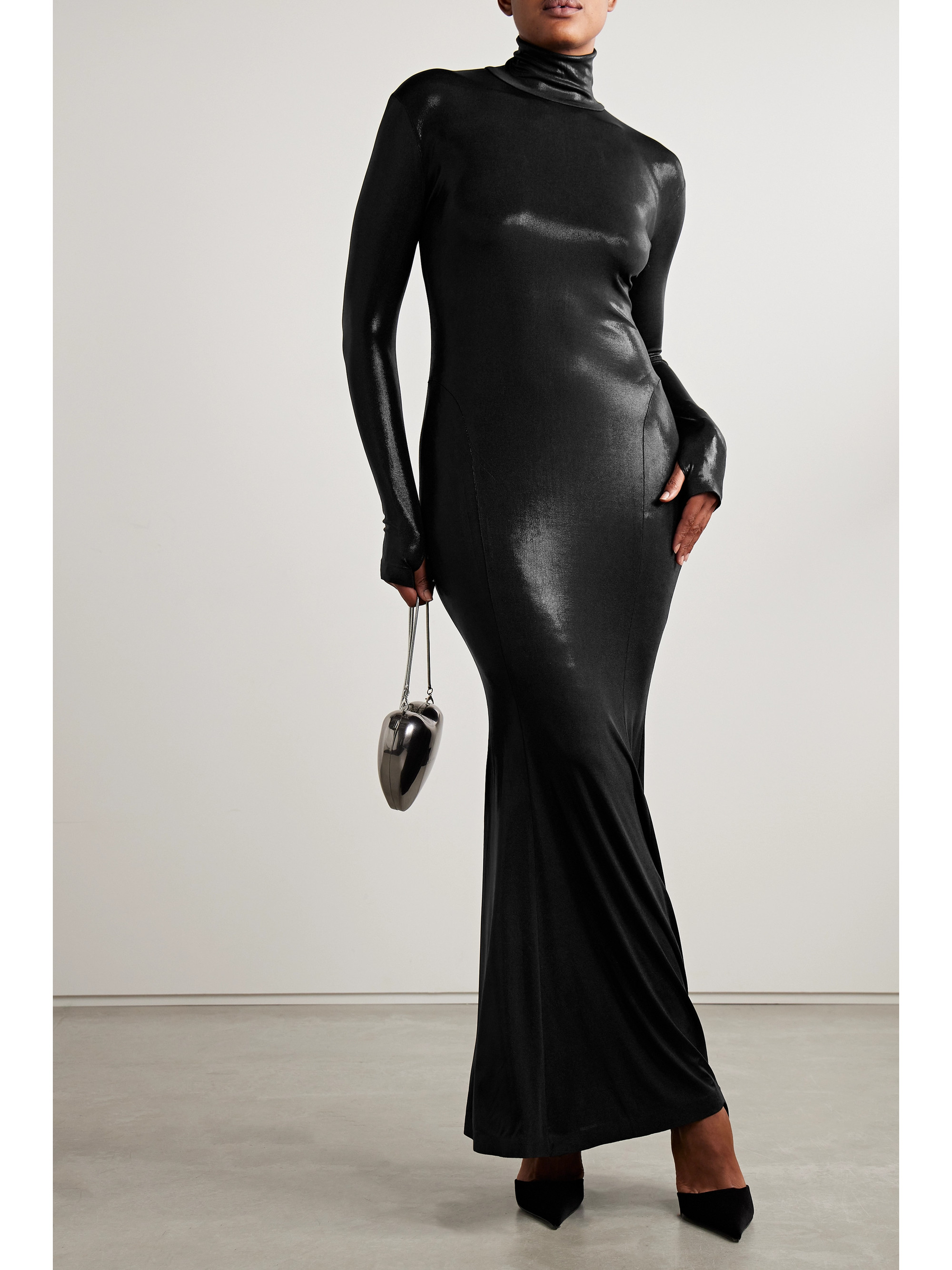 Norma Kamali Metallic stretch-jersey turtleneck gown