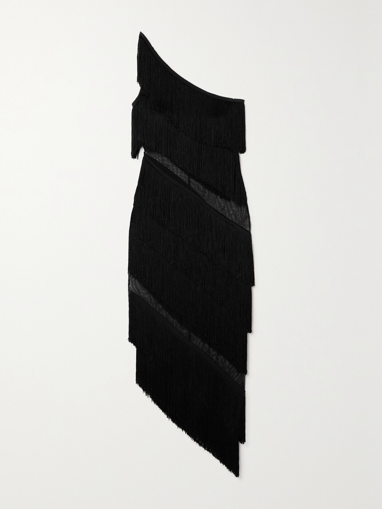 Norma Kamali - One-shoulder Fringed Stretch-tulle Midi Dress - Black