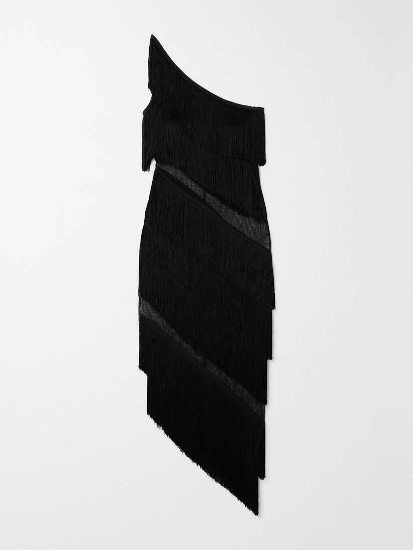 Norma Kamali One-shoulder Fringed Stretch-tulle Midi Dress