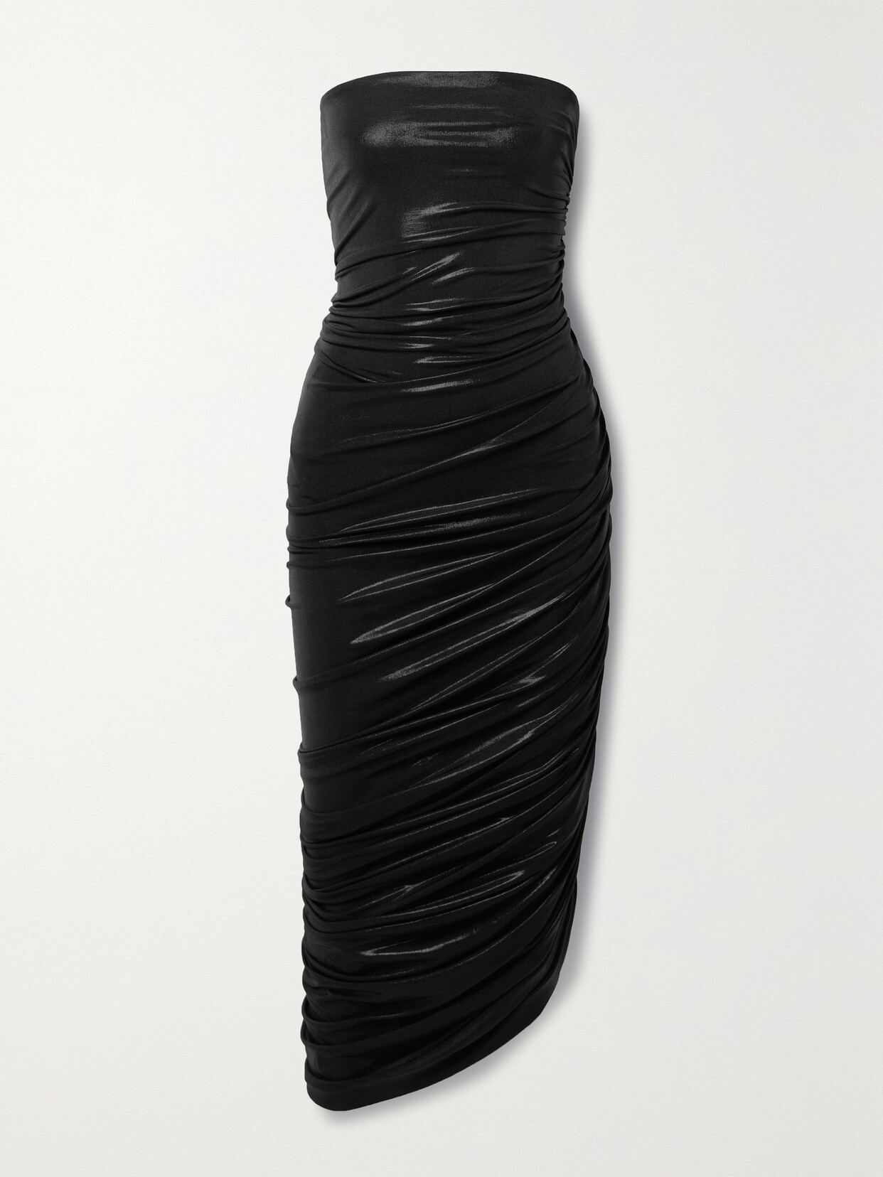 Norma Kamali Diana Strapless Ruched Asymmetric Metallic Stretch-jersey Midi Dress - Black