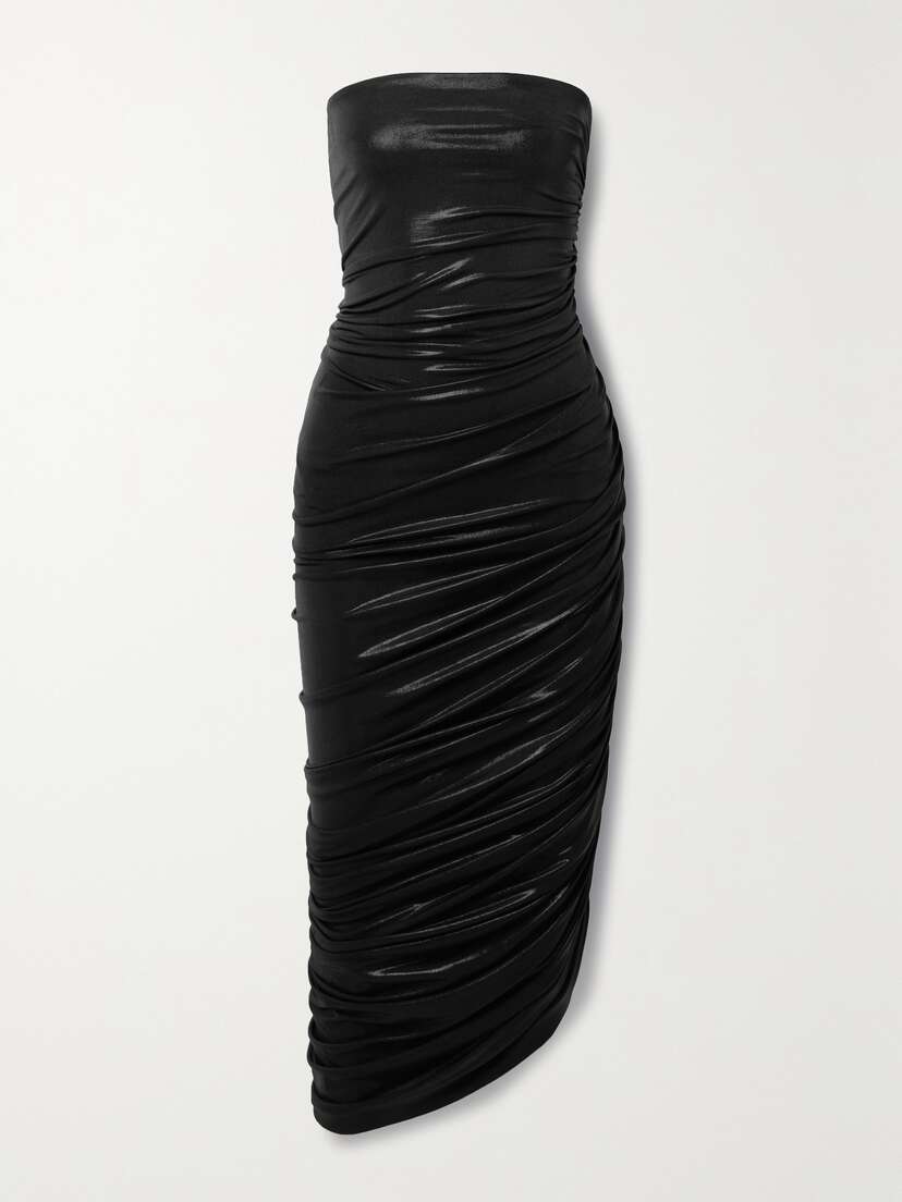 Norma Kamali Diana Strapless Ruched Asymmetric Metallic Stretch-jersey Midi Dress