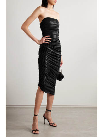 Norma Kamali Diana strapless ruched asymmetric metallic stretch-jersey midi dress