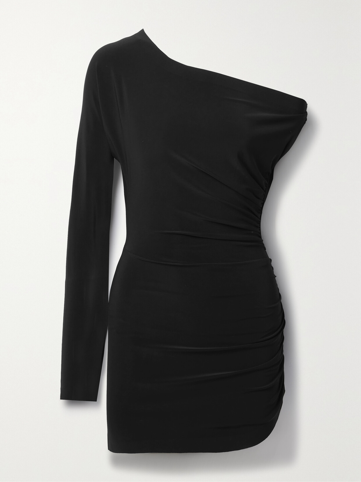 Norma Kamali One-sleeve Ruched Stretch-jersey Mini Dress In Black