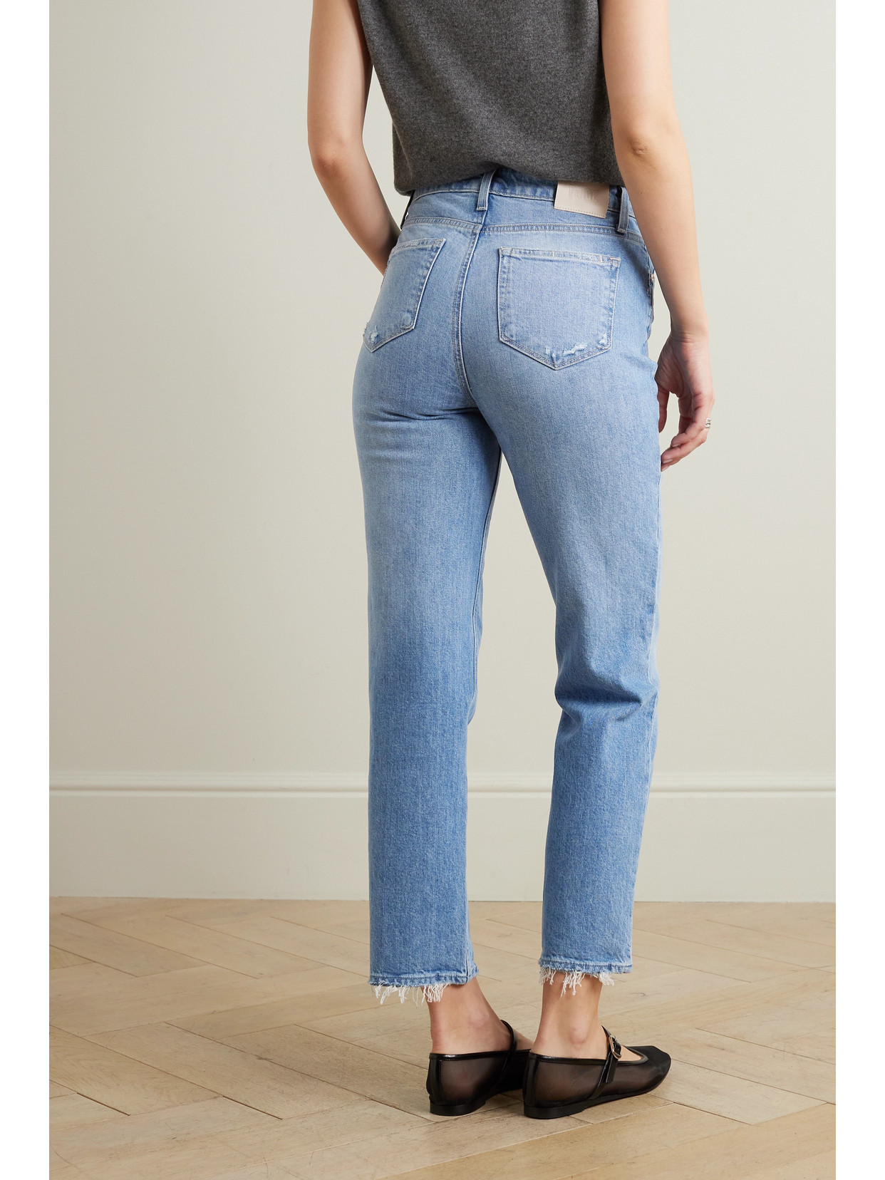 Shop Paige + Net Sustain Noella Distressed High-rise Straight-leg Organic Jeans In Blue