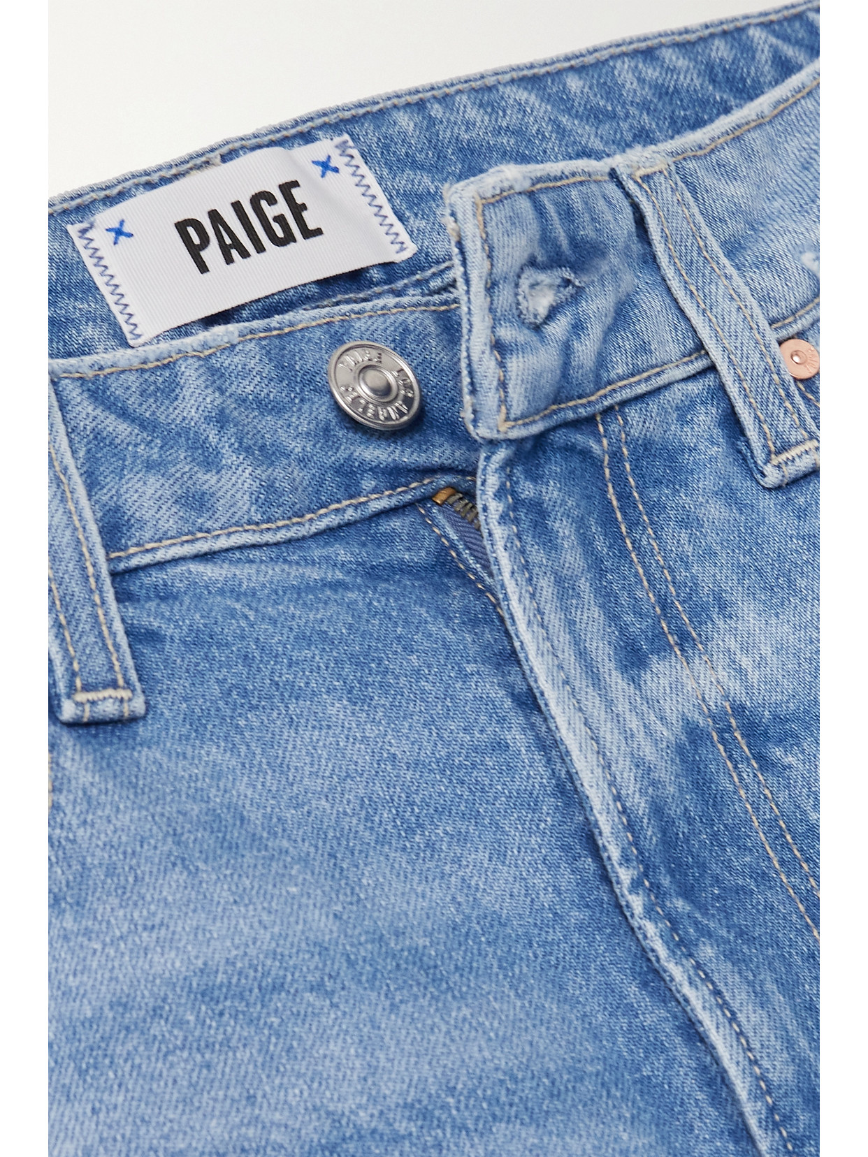 Shop Paige + Net Sustain Noella Distressed High-rise Straight-leg Organic Jeans In Blue