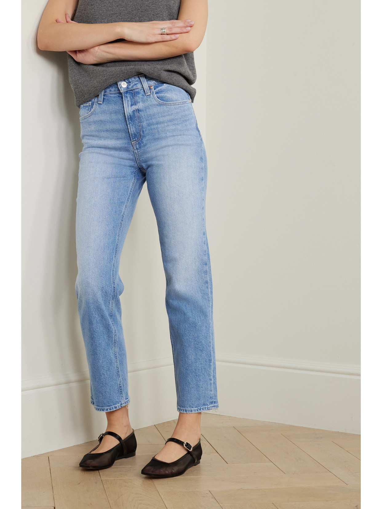 Shop Paige + Net Sustain Noella Distressed High-rise Straight-leg Organic Jeans In Blue