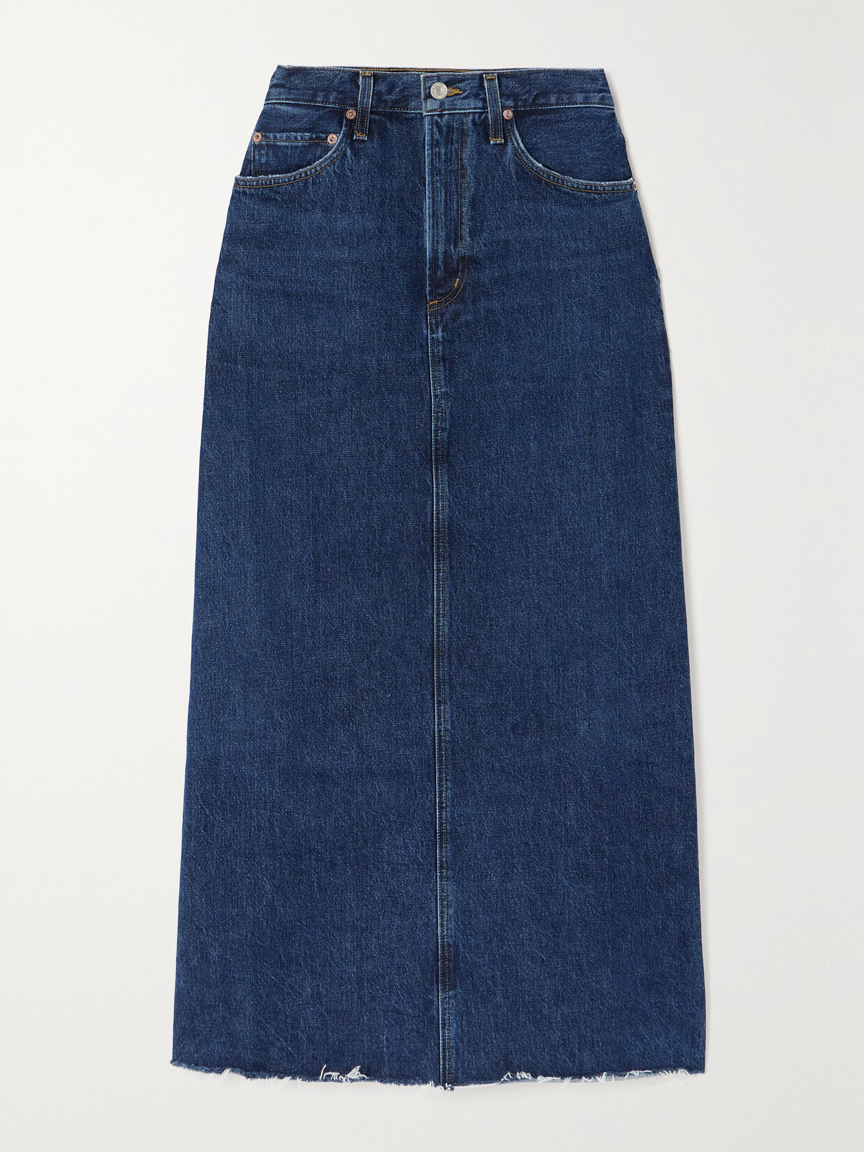 AGOLDE - + Net Sustain Hilla Frayed Organic Denim Maxi Skirt - Blue