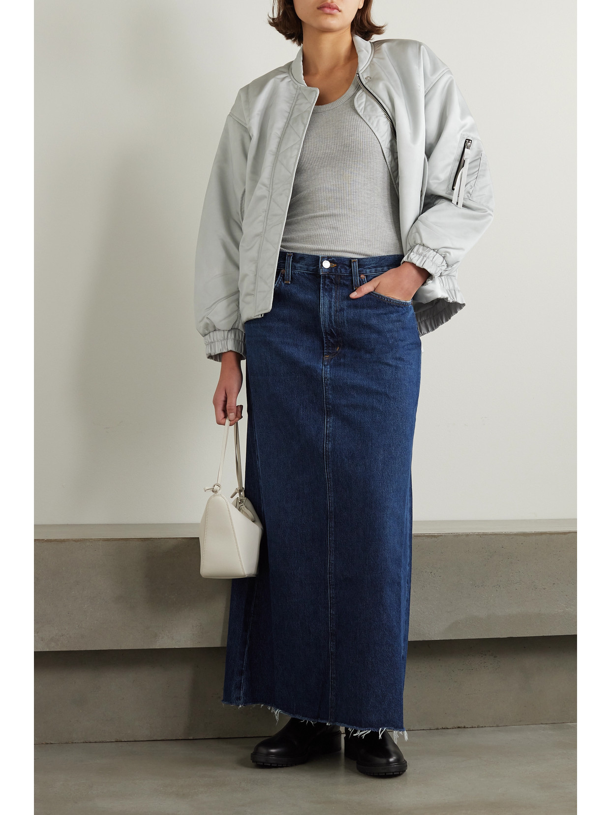 AGOLDE + NET SUSTAIN HILLA FRAYED ORGANIC DENIM MAXI SKIRT