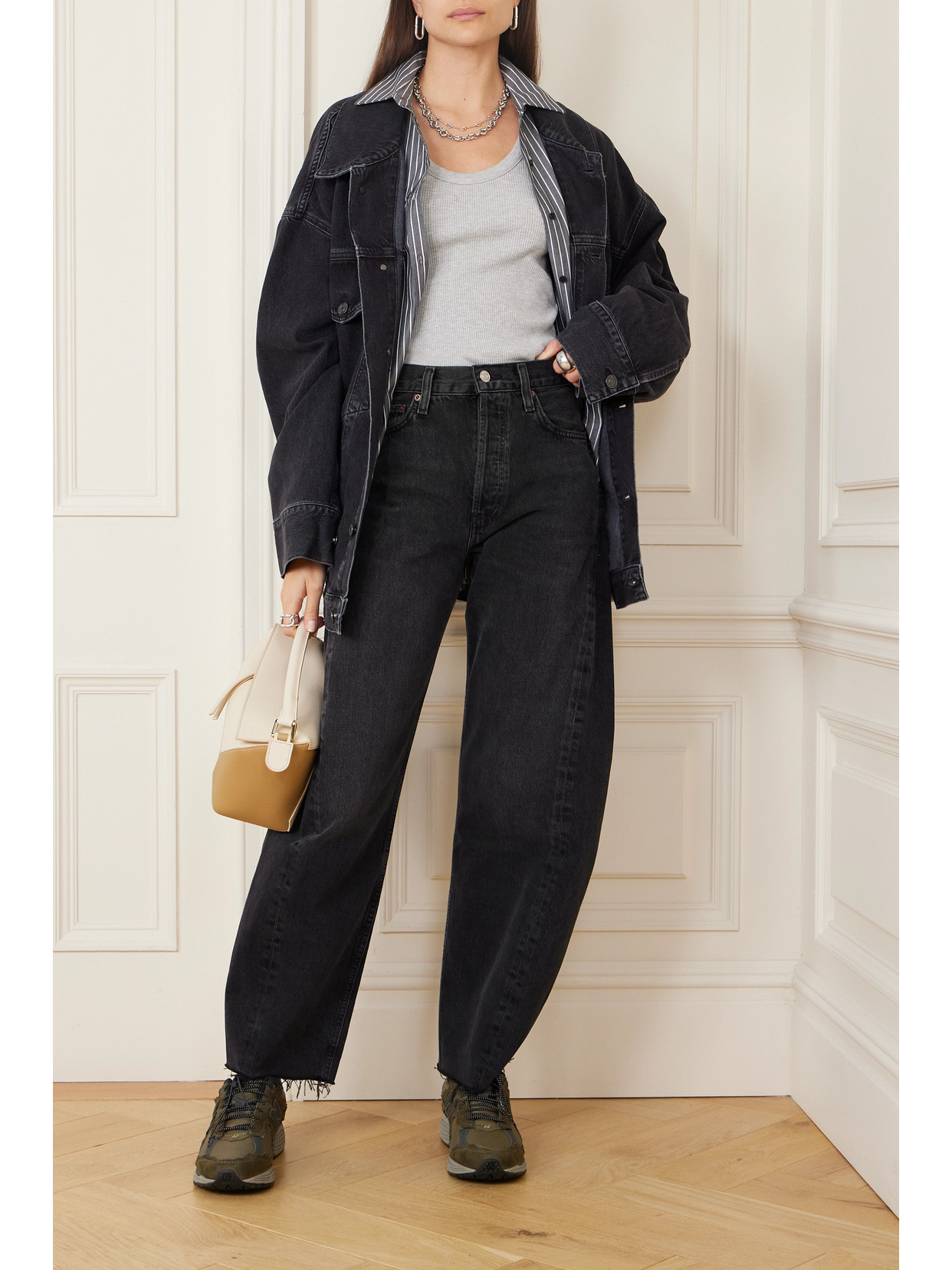 Agolde Luna Pieced High Waist Raw Hem Organic Cotton Barrel Jeans In Black