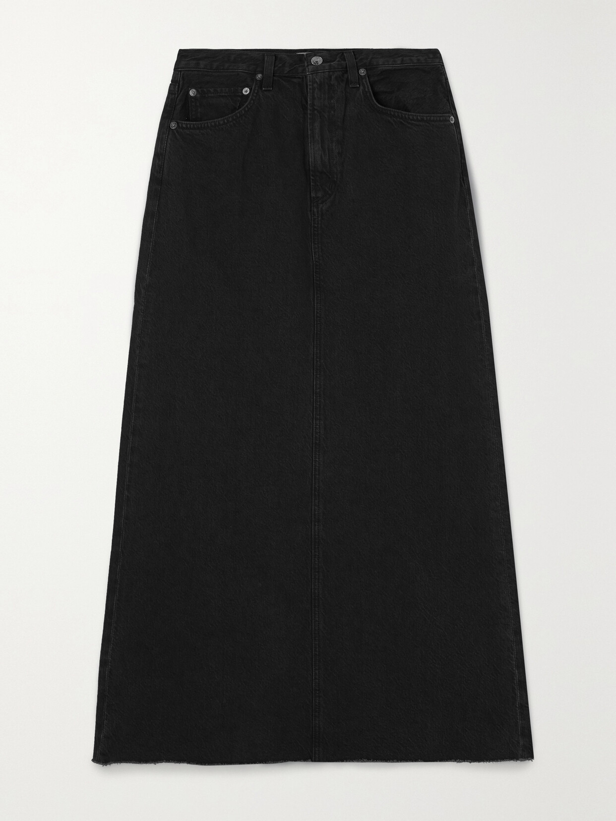 Shop Agolde + Net Sustain Hilla Distressed Organic Denim Maxi Skirt In Black