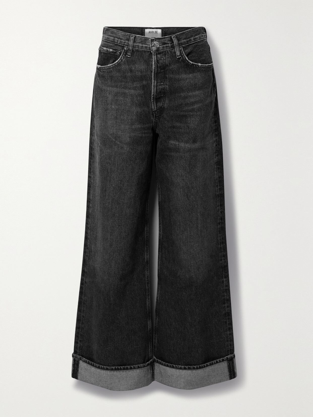 Shop Agolde + Net Sustain Dame Distressed High-rise Wide-leg Organic Jeans In Black