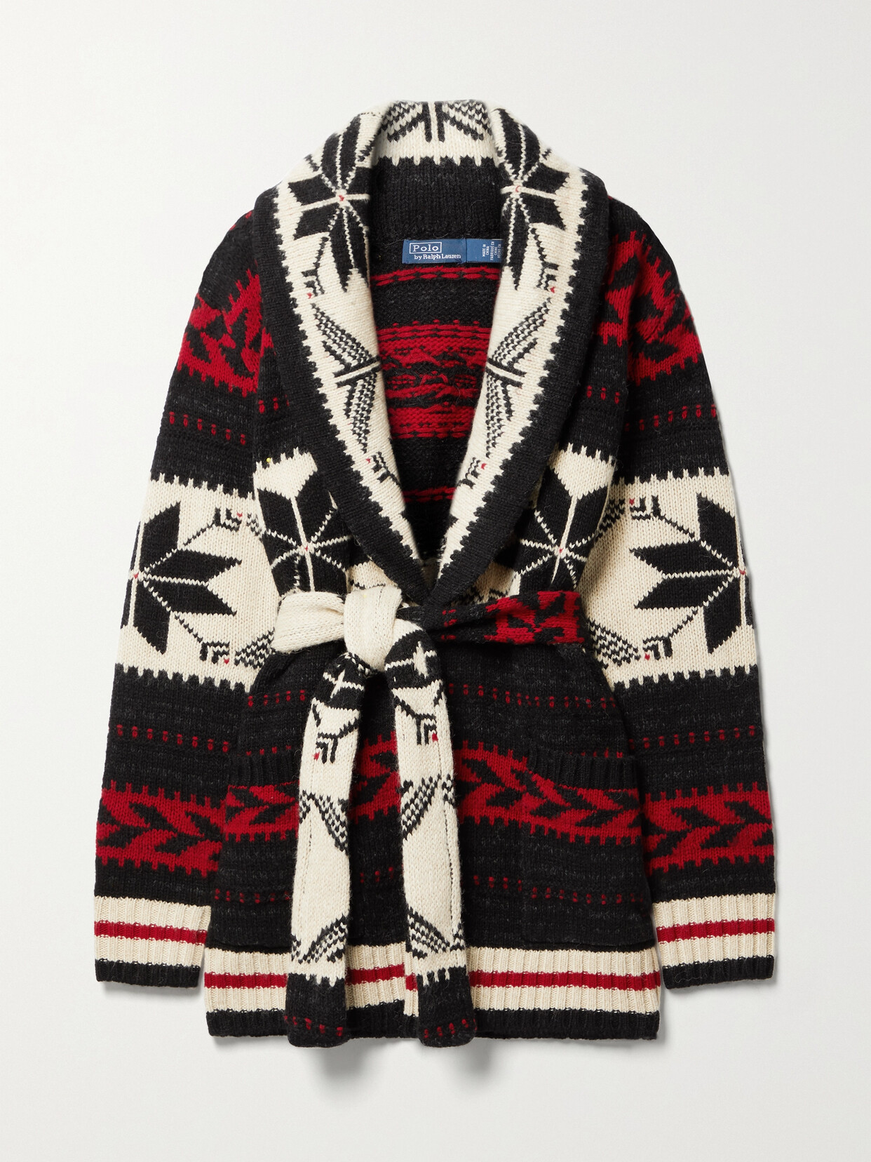 Shop Polo Ralph Lauren Belted Fair Isle Wool-blend Cardigan In Black