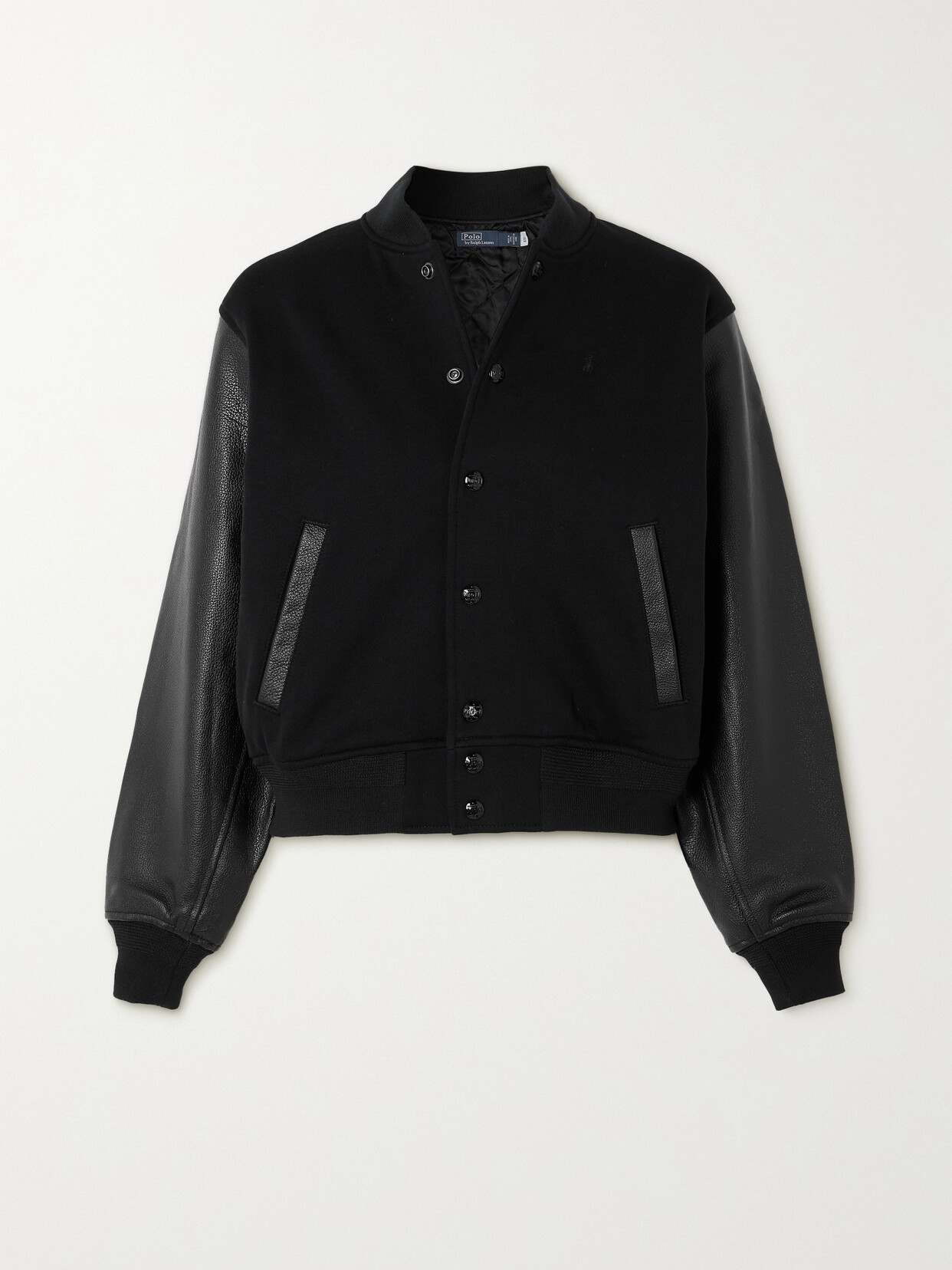 Polo Ralph Lauren Appliquéd Leather And Padded Cotton-blend Bomber Jacket In Black