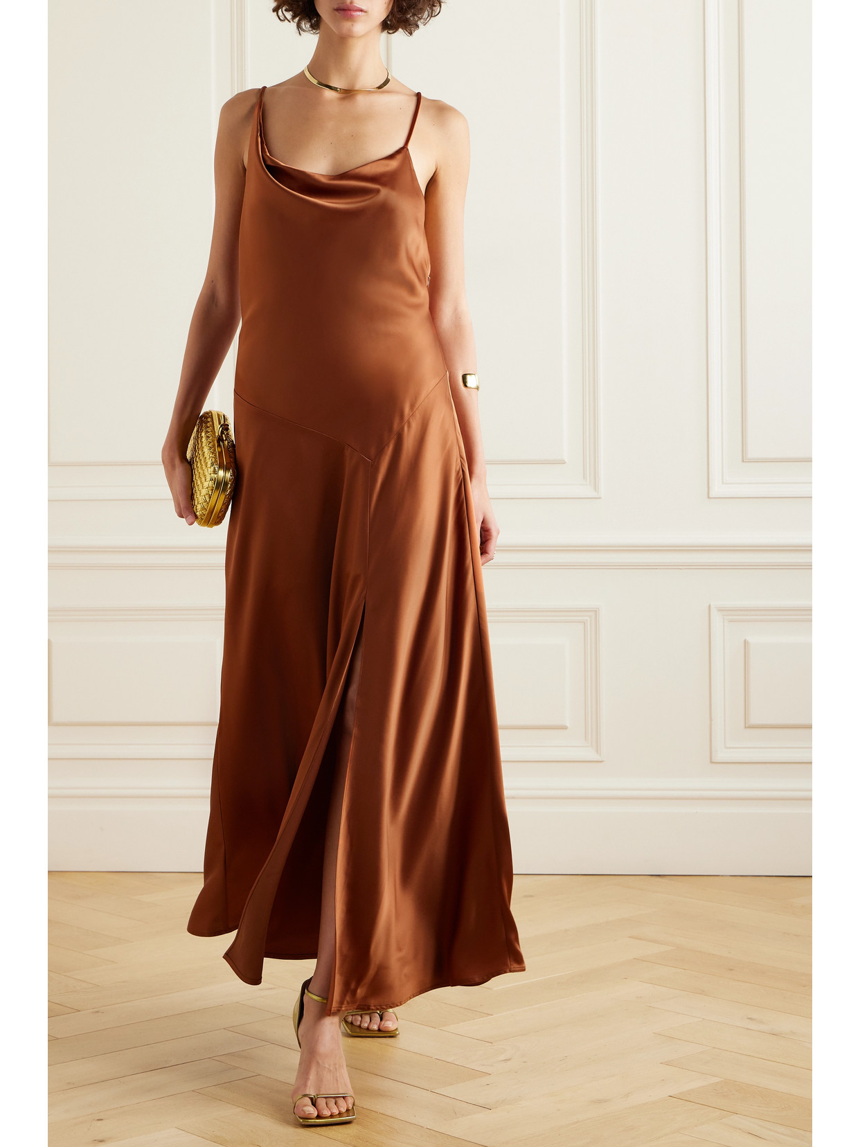 Shop Polo Ralph Lauren Open-back Draped Satin Gown In Metallic