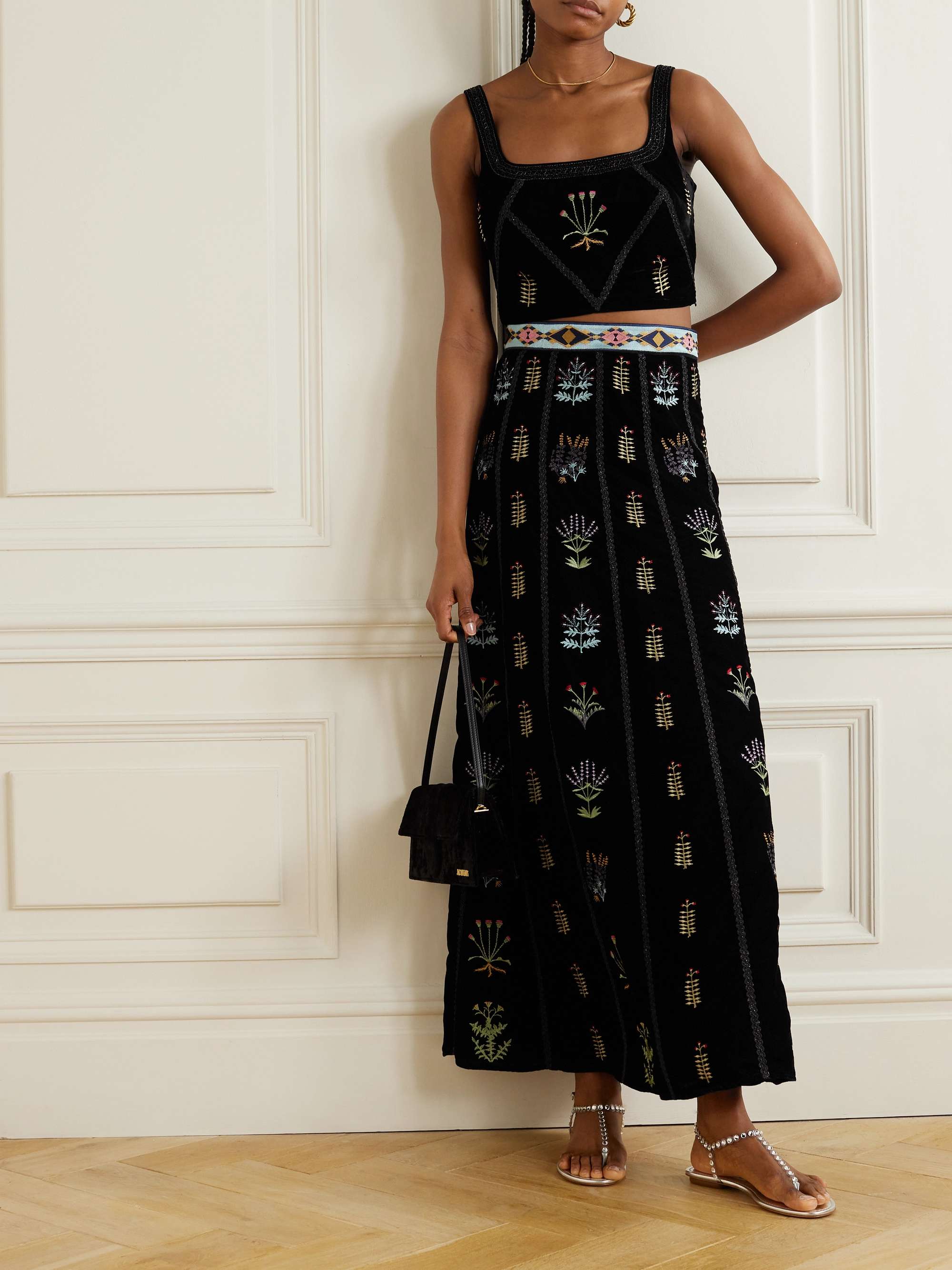 Agra lace trimmed embroidered velvet maxi skirt
