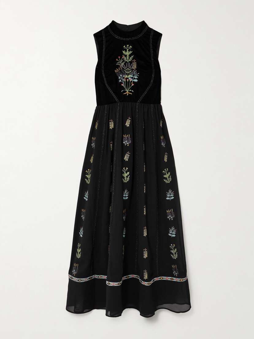 Emporio Sirenuse Flossie Embroidered Velvet And Georgette Maxi Dress