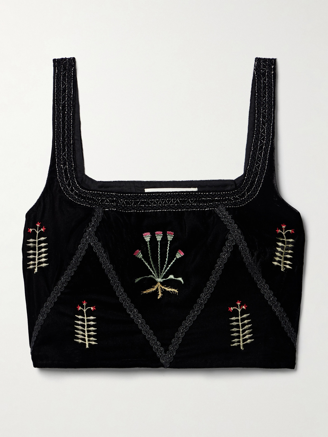 Emporio Sirenuse - Cindarella Cropped Bead-embellished Embroidered Velvet Top - Black