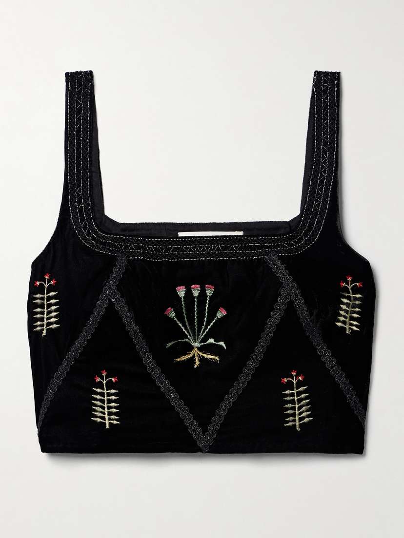 Emporio Sirenuse Cindarella Cropped Bead-embellished Embroidered Velvet Top