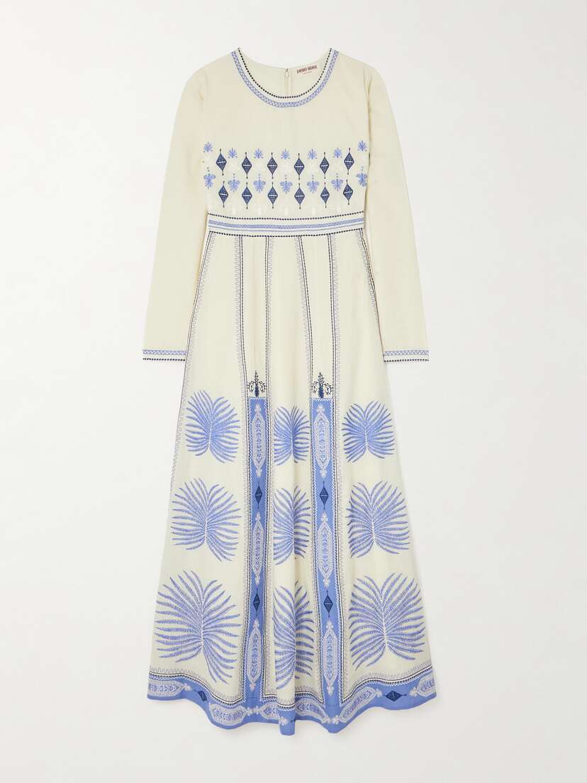 Emporio Sirenuse Tracey Paneled Embroidered Linen And Cotton-blend Maxi Dress