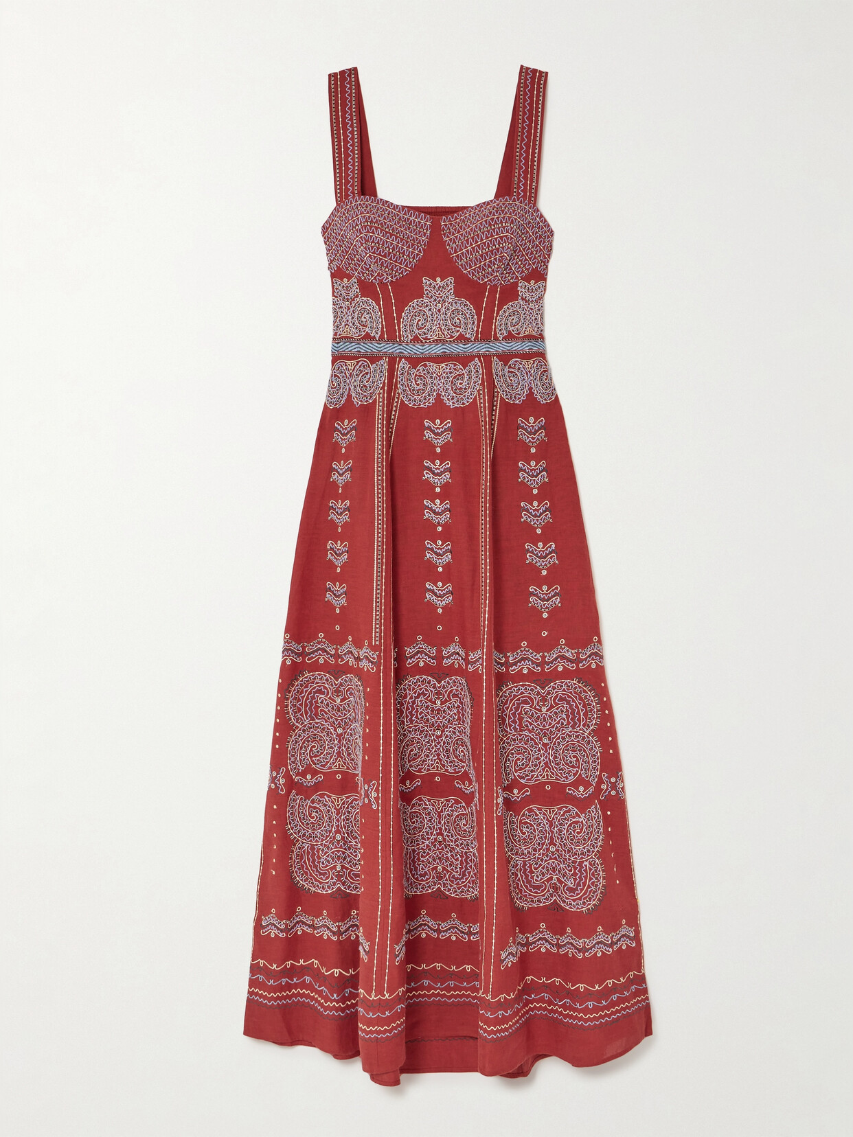 Emporio Sirenuse Azzurra Open-back Embroidered Linen And Cotton-blend Maxi Dress In Red