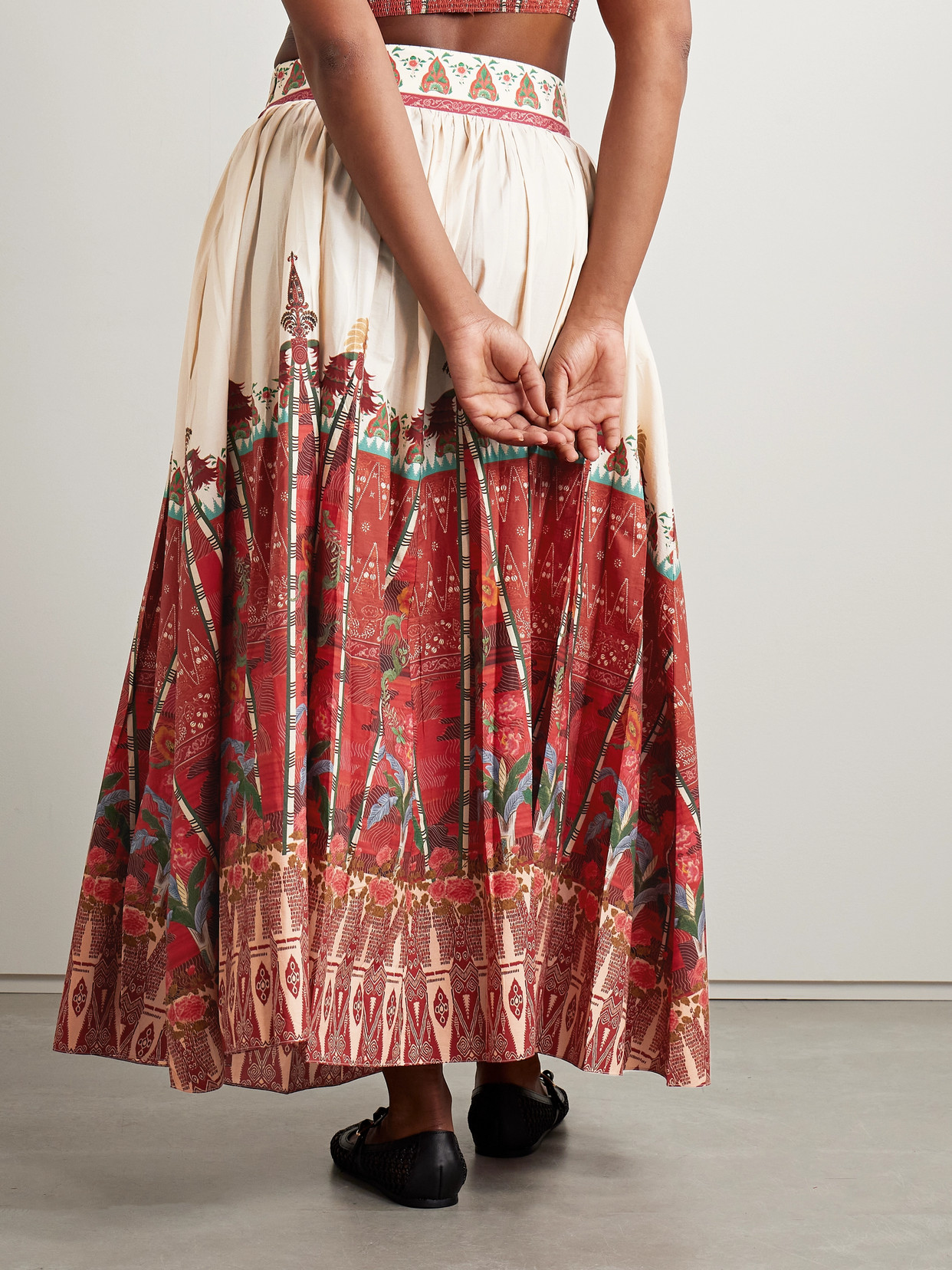 EMPORIO SIRENUSE + NET SUSTAIN OMBRETTA PLEATED PRINTED COTTON MAXI SKIRT