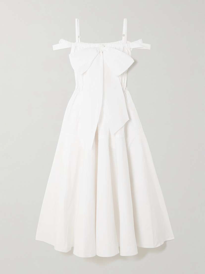 Patou Cold-shoulder Bow-detailed Shirred Poplin Maxi Dress