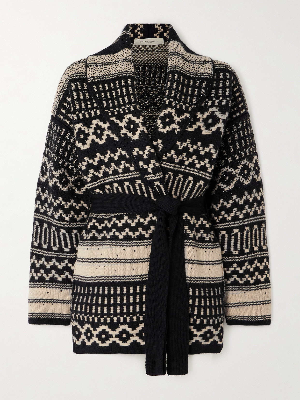 Shop Golden Goose Belted Crystal-embellished Jacquard-knit Wool Cardigan In Ecru