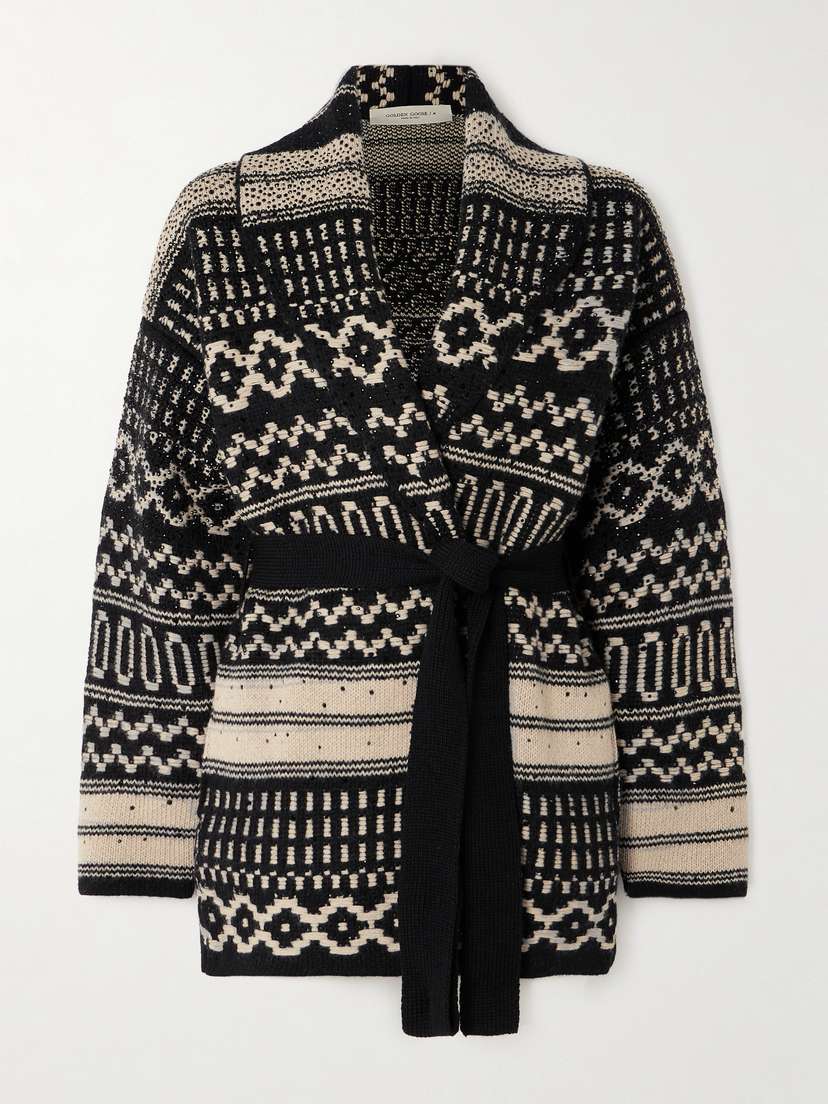 Golden Goose Belted Crystal-embellished Jacquard-knit Wool Cardigan - x large