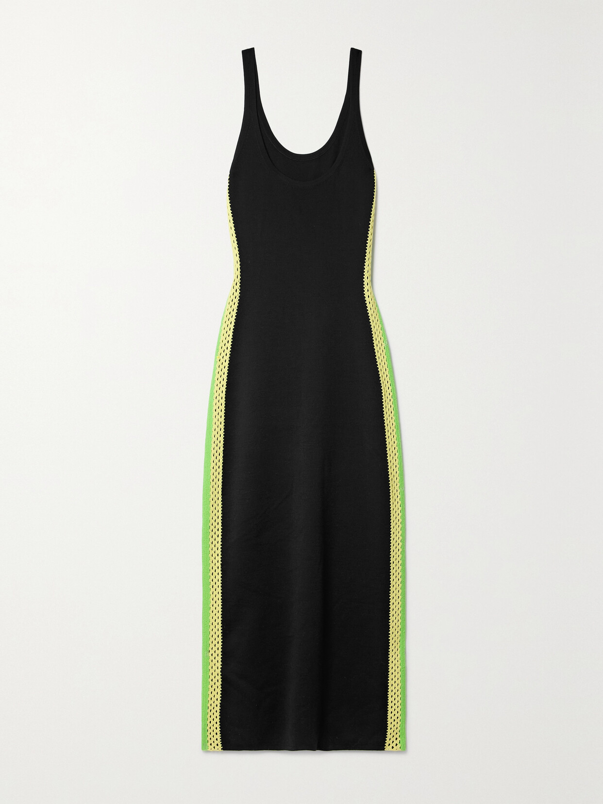 Gabriela Hearst Ives Crochet-trimmed Wool Midi Dress In Black  Fluorescent Green  & Lime Adamite