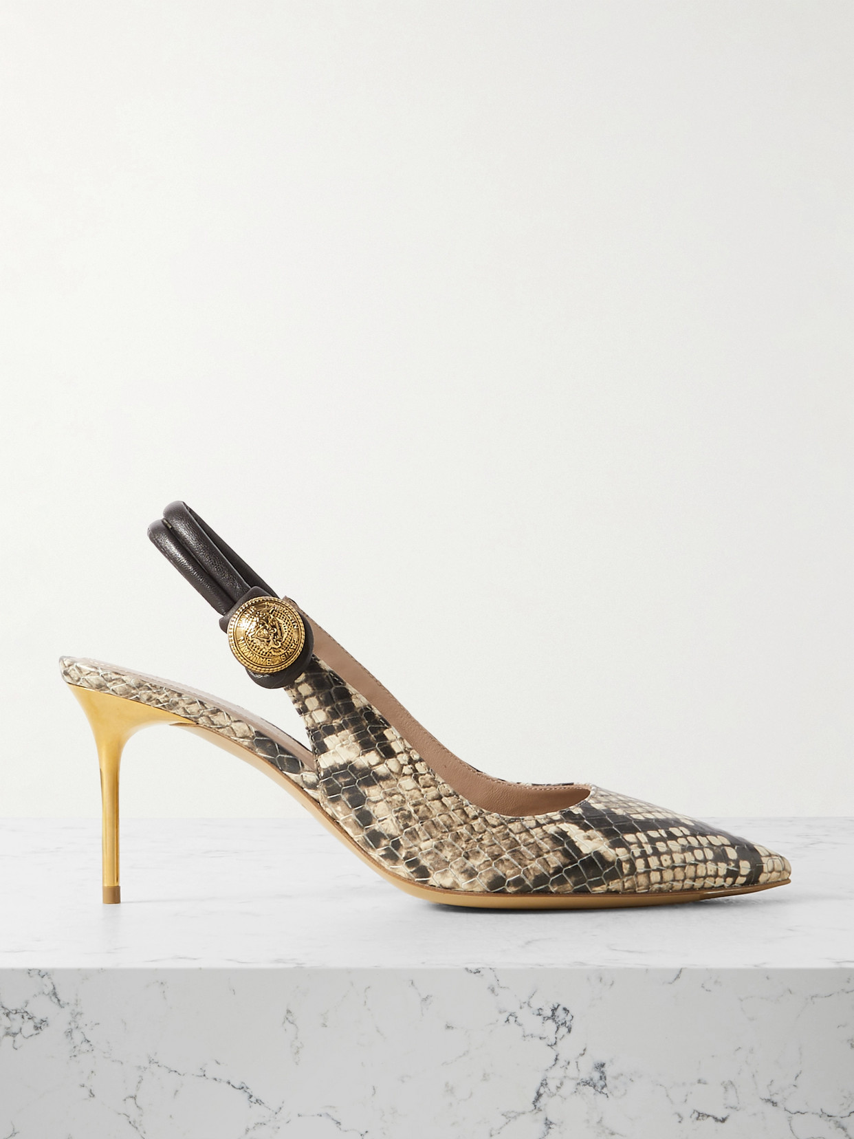 Shop Balmain Alma Embellished Snake-effect Leather Slingback Pumps In Gray