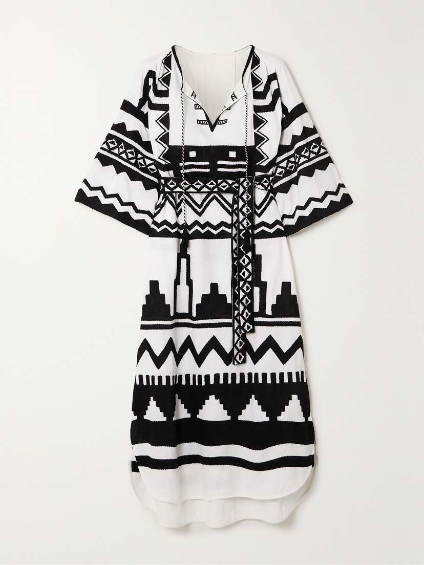 Eres Plume Belted Tasseled Embroidered Cotton-khadi Kaftan