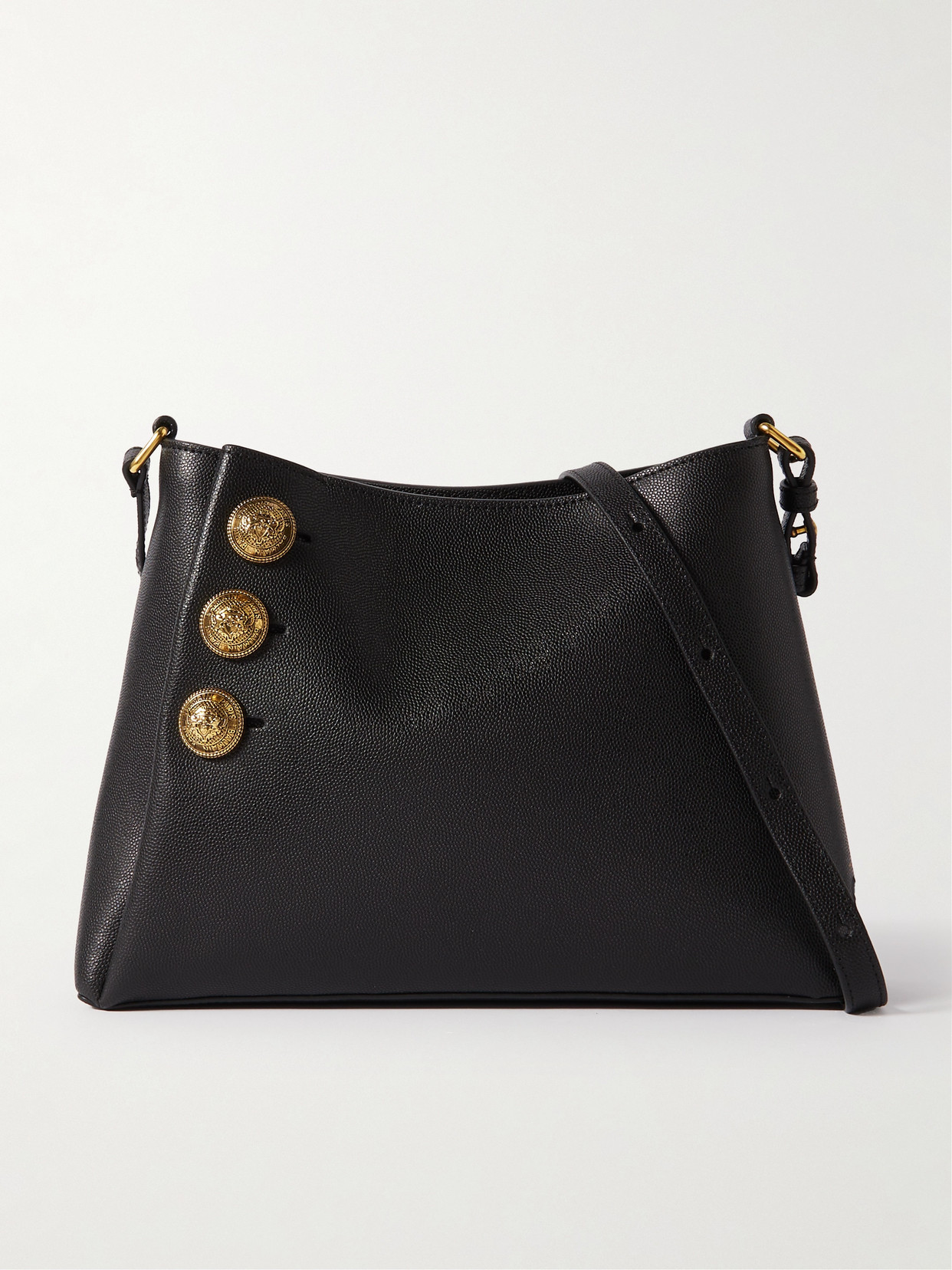 Balmain - Emblème Button-embellished Textured-leather Shoulder Bag - Black