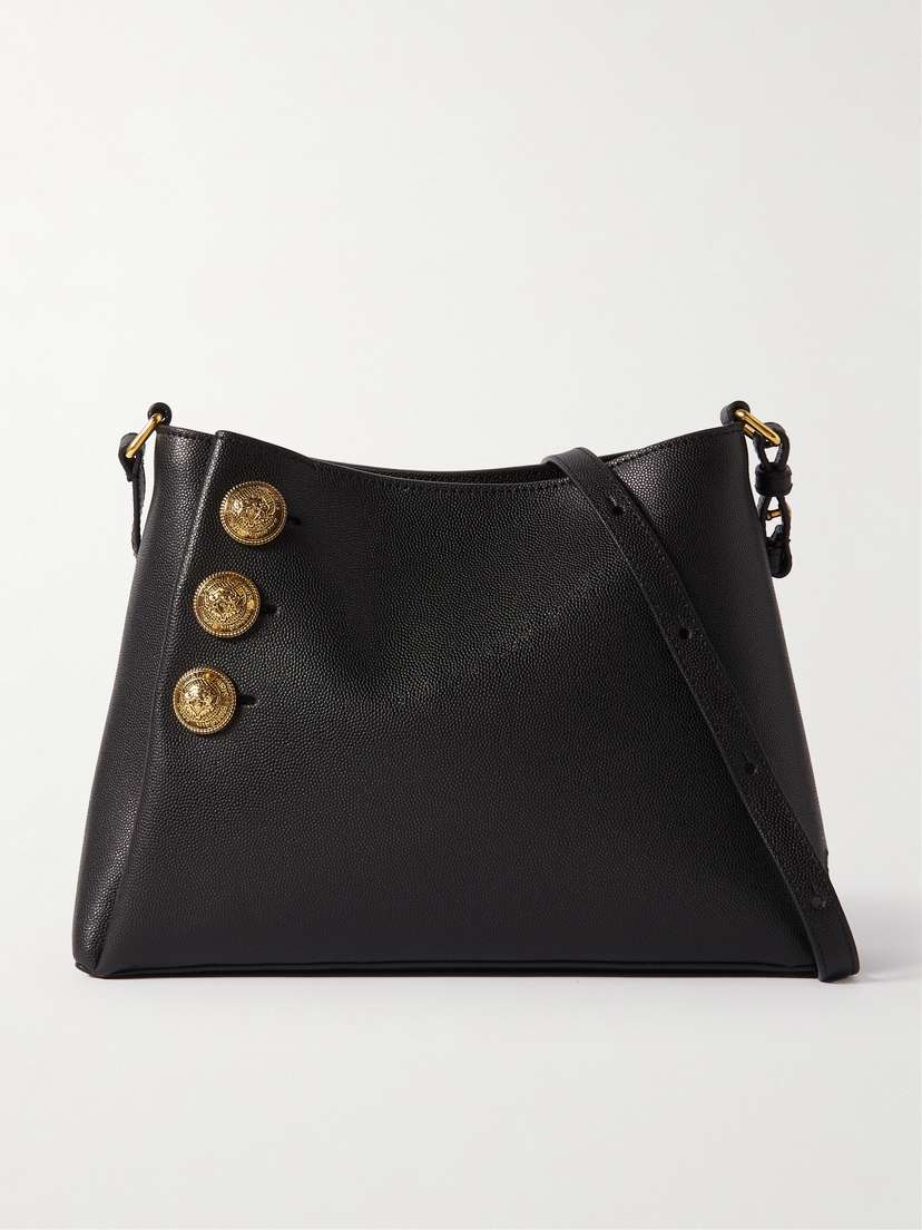 Balmain Emblème Button-embellished Textured-leather Shoulder Bag