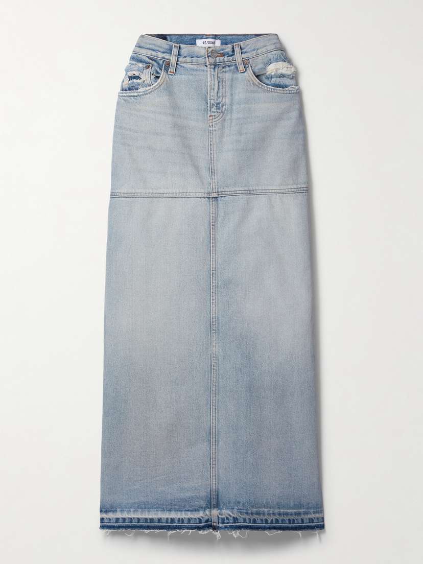 RE/DONE + Net Sustain Frayed Paneled Organic Denim Maxi Skirt