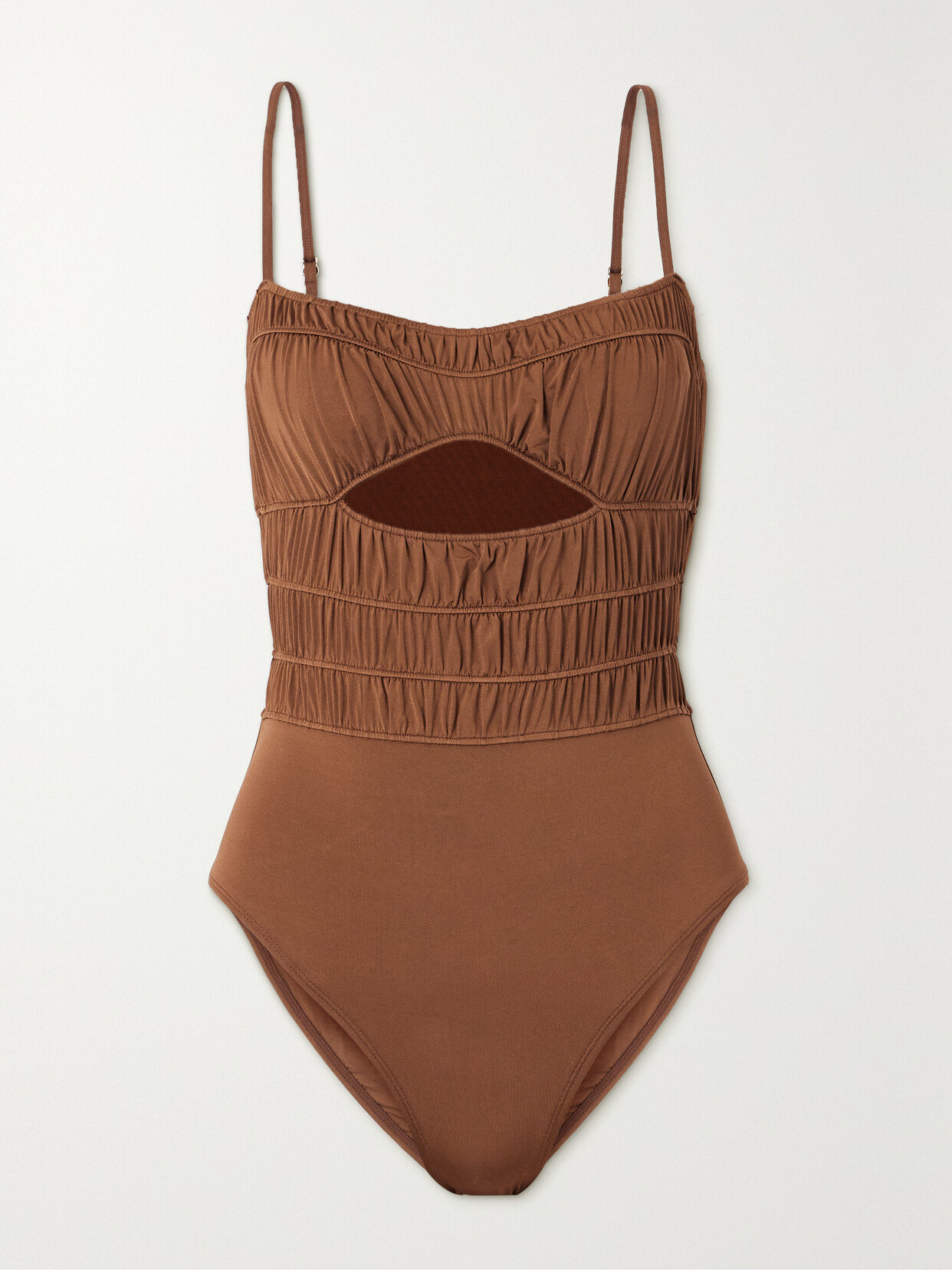 Peony + Net Sustain Keepsake Ruched Cutout Stretch-econyl® Swimsuit In Brown