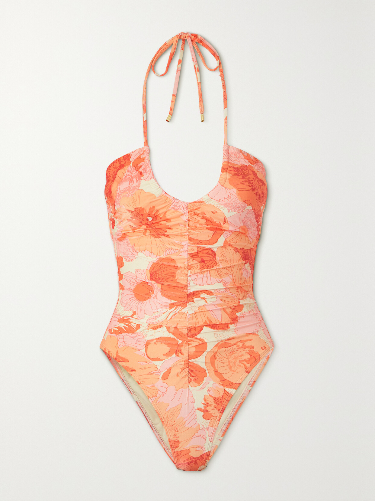 Peony + Net Sustain Ruched Floral-print Stretch-econyl® Halterneck Swimsuit In Pink