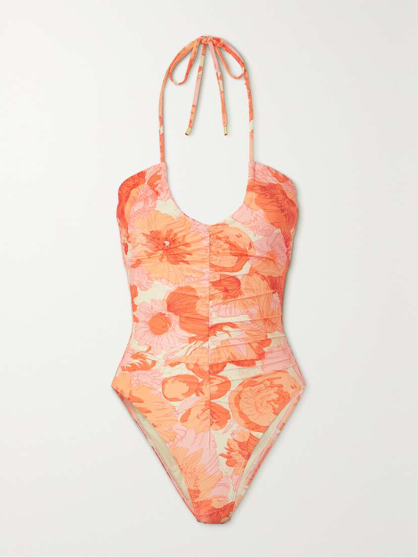Peony + Net Sustain Ruched Floral-print Stretch-econyl® Halterneck Swimsuit