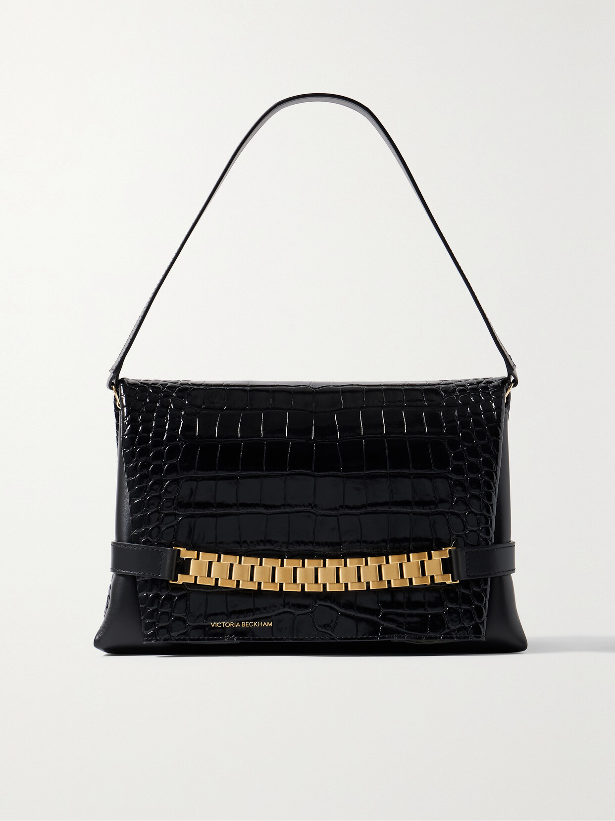 Victoria Beckham Chain-embellished Glossed Croc-effect Leather Clutch In Black