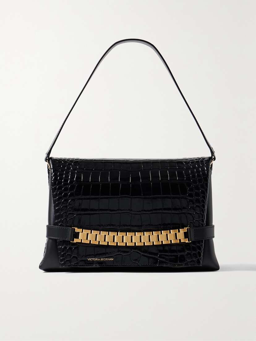 Victoria Beckham Chain-embellished Glossed Croc-effect Leather Clutch - - One size