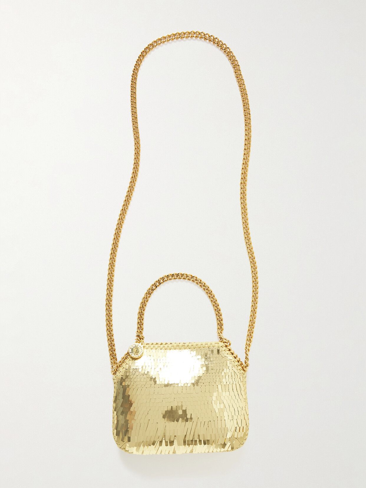 Stella Mccartney + Net Sustain Falabella Mini Pailette-embellished Satin Shoulder Bag In Gold