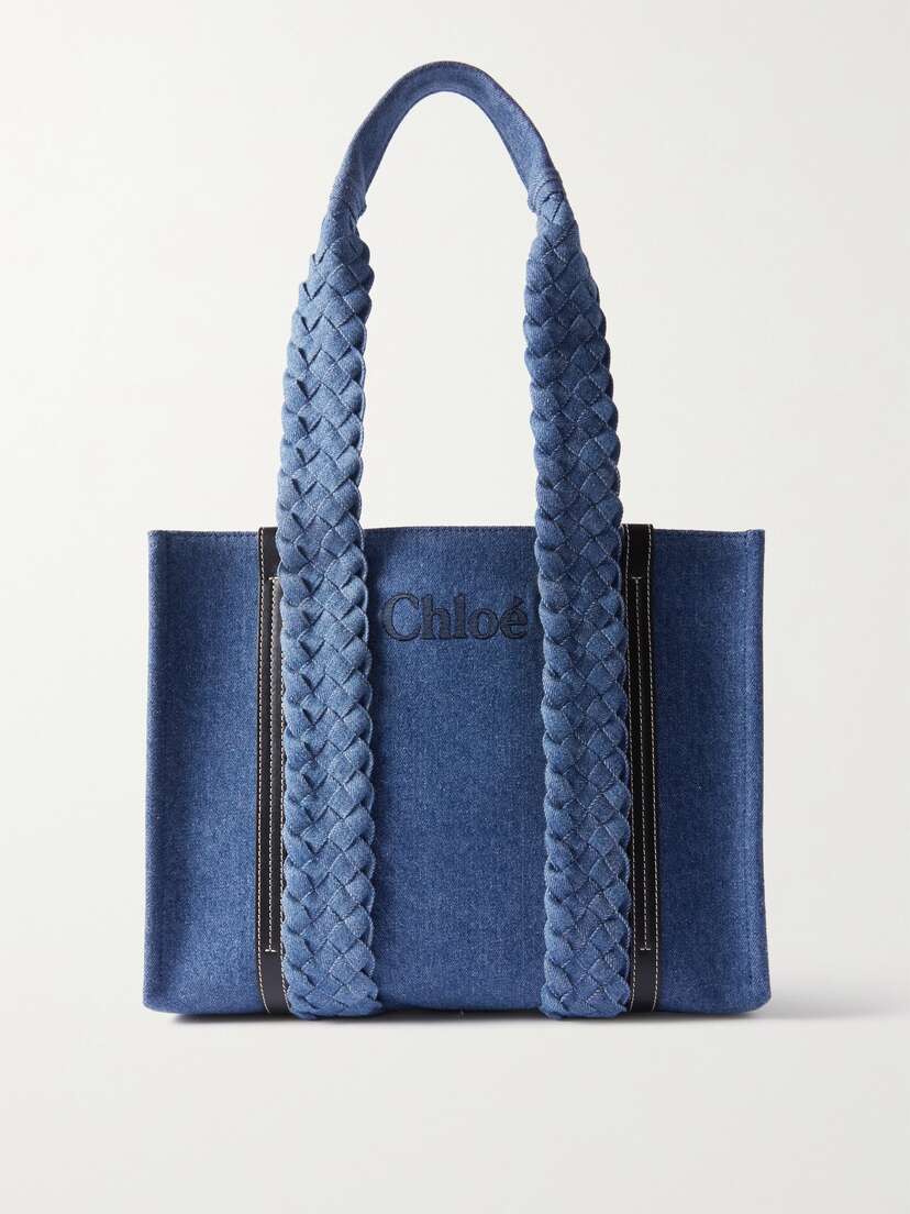 Chloé Woody Leather-trimmed Logo-embroidered Denim Shoulder Bag