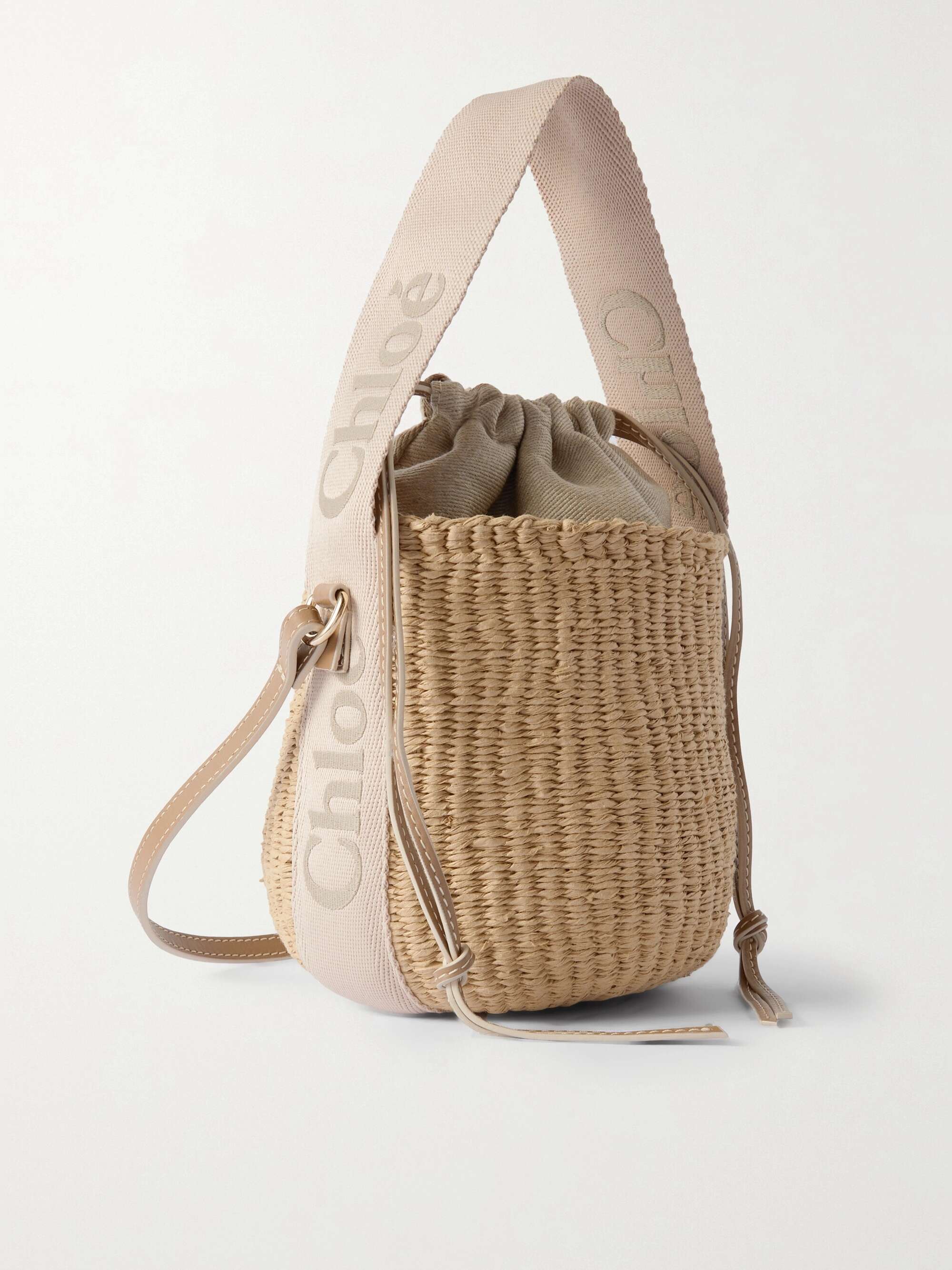 CHLOÉ Woody small leather-trimmed raffia basket bag | NET-A-PORTER