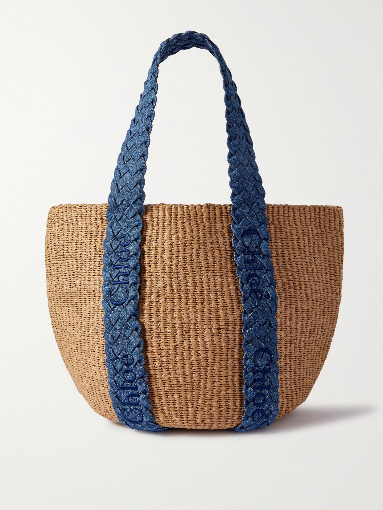 Chloé Woody Denim-trimmed Raffia Tote In Neutrals